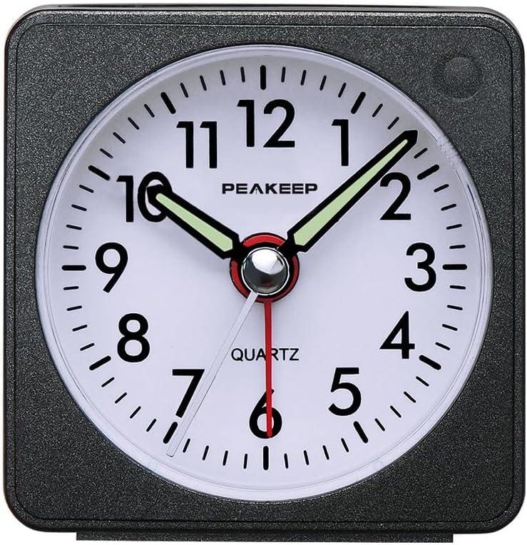 Peakeep Ultra Small, Battery Travel Alarm Clock with Snooze and Light, Silent with No Ticking Analog Quartz (Black)