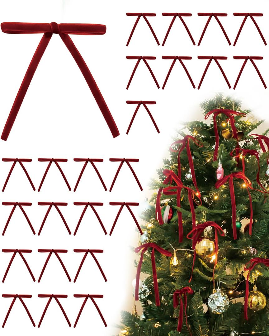 Velvet Christmas Tree Bows – 24 Pcs Holiday Bows (3/8" Wide, 5x7) with Star Clips – Easy Hanging for Tree, Wreath, Gifts & Décor (Black)