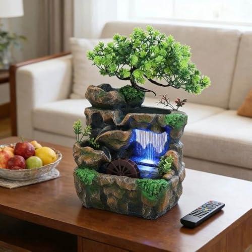 11.81" Tabletop Rockery Fountain Indoor Waterfall Bonsai Desktop Mini Rockery Water Fountain with Automatic Pump and LED Light, Home Office Bedroom Humidifier Desk Decorate