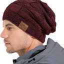 2 x PAGE ONE Mens Winter Slouchy Beanie Warm Fleece Lined Skull Cap Baggy Cable Knit Hat (Wine Red)