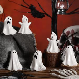 Domensi 6 Pcs Ghost Decor Ceramic White Figurines Ghost Statue Spooky Halloween Decor Scary Statue Decoration Cute Sculpture for Gift Props Home Tabletop Decorations(Classic)