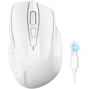 TECKNET Wireless Mouse (BT5.0/3.0 & 2.4G) Rechargeable 4800 DPI Silent USB A & Bluetooth Mouse 6 Buttons, Wide Compatibility - White