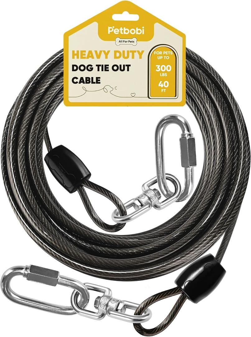 Petbobi Heavy-Duty Dog Tie-Out Cable - 40FT Extra Strong Wire Cable for Large Pets Up to 300Lbs, Rust Proof Dogs Leash with Carabiners and 360 Swivel, Pet Leads for Yard Camping Outside, Black