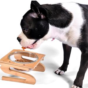 Stylish Pet Bowl with Bamboo Stand - Elevated Food Bowl for Cat and Dogs - Raised Feeding Bowl Feeder Dish with Wooden Stand Holder - Brown and Crystal Clear Raised Pet Bowl for Small Pets