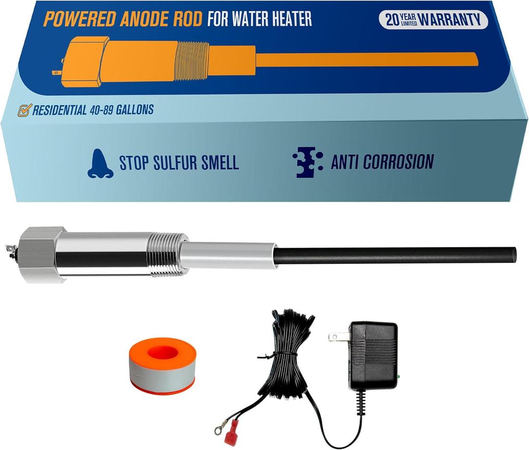 Powered Anode Rod for Water Heater, Electric Anode Rod for Water Heater, Eliminate Sulfur Smell in Well Water, Eliminate Rotten Egg Smell in Water, for 40-89 Gallon Except Bradford, White