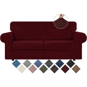 WEERRW Velvet Couch Covers for 2 Cushion Couch Sofa - High Stretch Luxury Velvet Plush 3 Pieces Sofa Slipcovers with Elastic Bottom, Furniture Protector for Pets, Machine Washable, Burgundy, Medium