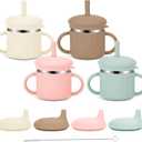 Upgrade Stainless Steel Baby Sippy Cups, 7.4 Oz Spill Proof Toddler Straw Cups, 3 Stages Training Cup for Toddlers 1-3 Year, Kid Cups with Silicone Sheel and Straws, 4 Colors (Pink+Green+Beige+Brown)