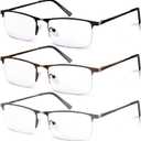 3 Pack Blue Light Blocking Reading Glasses for Men, Stylish Half Frame Metal Computer Readers, Lightweight Spring Hinge Eyeglasses Anti Eyestrain/Glare/UV (Mix Color, Black+Grey+Brown, 1.0)