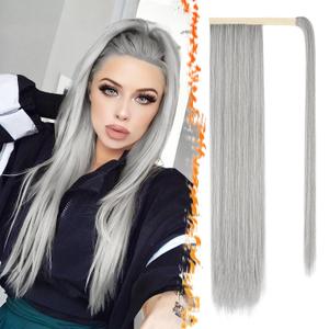 BARSDAR Wrap Around Straight Ponytail Extensions - 26 Inch Long Straight Gray Ponytails for Women, Clip in Ponytail Hair Extensions Synthetic Pony Tails Hairpieces Daily - Silver Grey