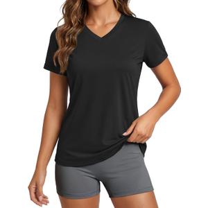 MAGCOMSEN Women's Workout Tops Short Sleeve UPF 50+ Athletic Shirts Quick Dry V-Neck T-Shirt Moisture Wicking Gym Tee (Black, L)