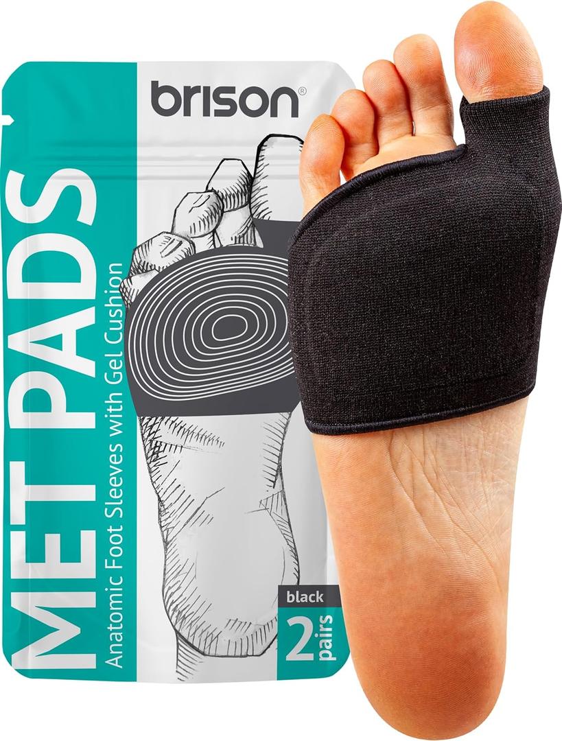 Brison Metatarsal Pads for Women and Men Ball of Foot Cushion - Gel Sleeves Cushions Pad - Fabric Soft Socks for Supports Feet Pain Relief - 2 Pairs (Black, Small)