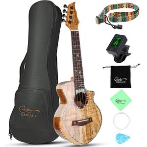 Concert Ukulele 23 inch UKS-2, 4 Strings Ukeleles For Beginners, Sapele Hawaiian Ukele with Ukulele Case and Ukele String Set (Spalted Maple Glossy)