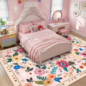 RELEANY Floral Washable 7x9 Area Rugs Pink