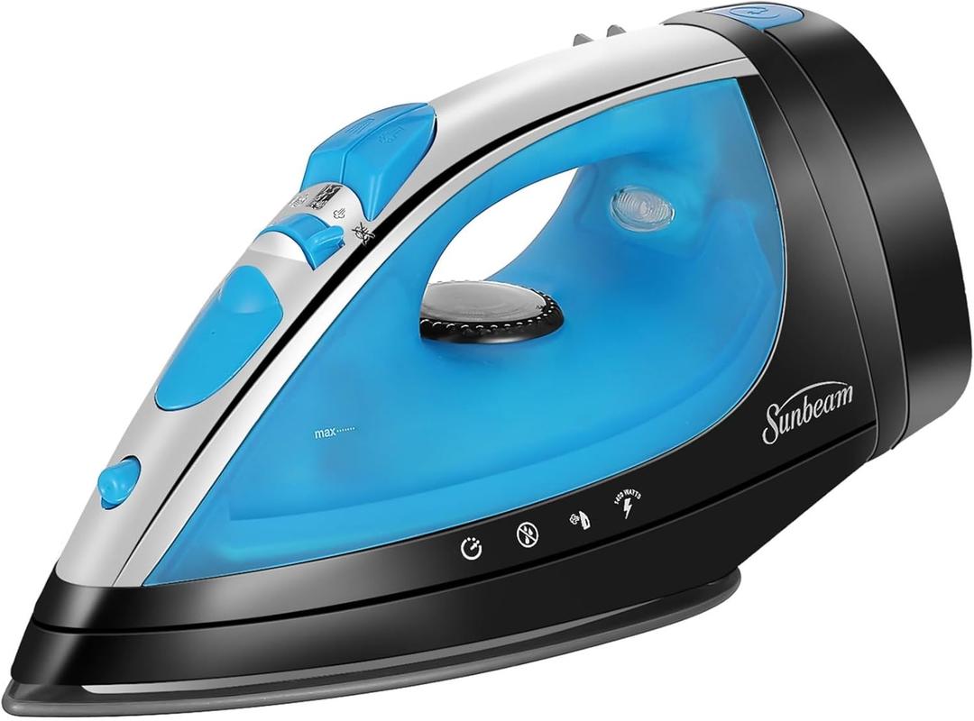 Sunbeam Steammaster Steam Iron, 1400 Watt, Large Anti-Drip Stainless Steel Nonstick Soleplate with 8' Retractable Cord, Horizontal or Vertical Shot of Steam and 3-Way Auto Shut-Off, Black/Blue