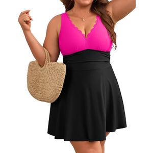 Charmo Women Plus Size Swimdress One Piece Swimsuit Ruched Tummy Control Bathing Suit Scalloped V Neck Flowy Swimwear (1X, Black Pink)
