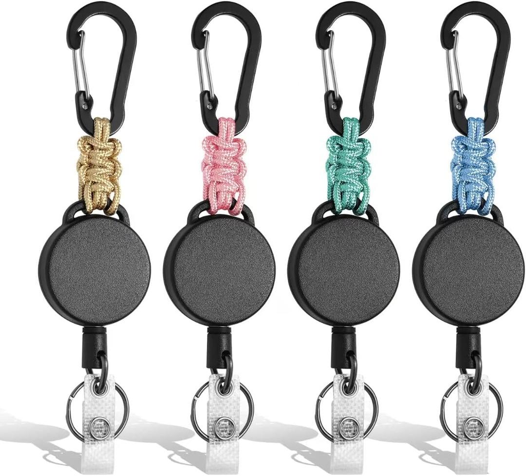4 Pack Retractable Keychain Heavy Duty Carabiner Badge Reel Bright Colored Retractable Carabiner Key Lanyard ID Holder Clip Steel Cord Key Fob Key Ring 4 Bright Colors