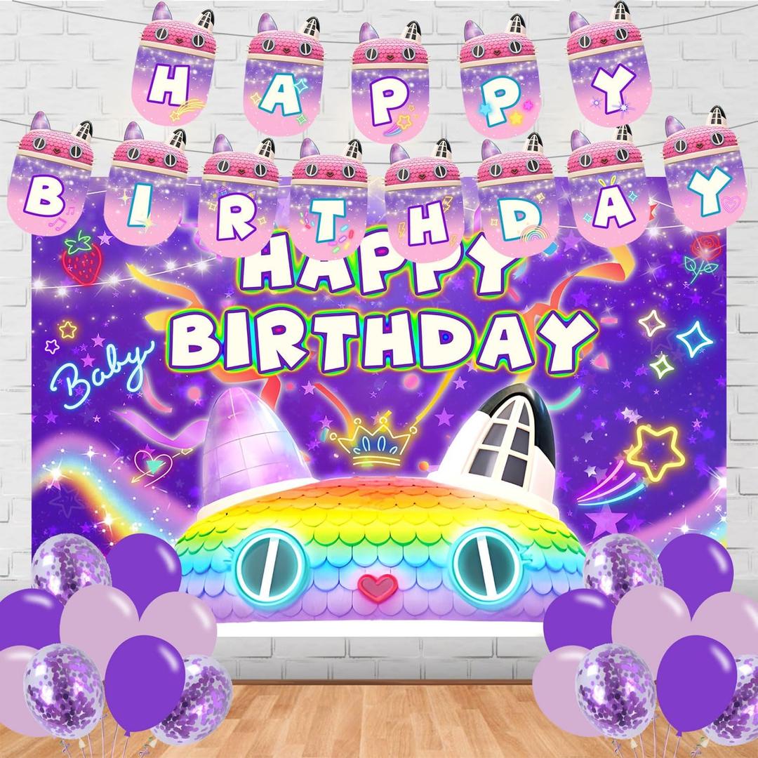 pouyt&cjlk Cartoon Doll House Birthday Decorations,Cartoon Birthday Decorations,Cat Dollhouse & Friends Party Supplies Include Balloons,Banner, Backdrop for Girls Party