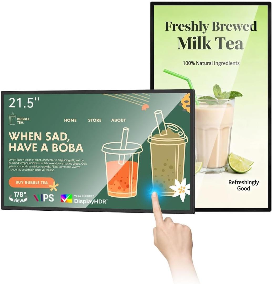 MWE 21.5 inch Wall Mount Digital Signage, FHD Touchscreen Monitor Android 14, Multi-Touch Screen Smart Split, Commercial Advertising Display, Time Switch, CMS Management, HD-MI/ USB/ WiFi/ for Windows