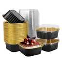 Ruckae 5oz 100 Pcs Square Mini Loaf Pans with LidsDisposable Foil Dessert Containers,Mini Cake Pans with Lids,Aluminum Dessert Cups for Parties and Weddings (Black Gold, 5oz)