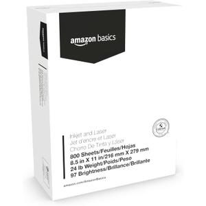 Amazon Basics Multipurpose Copy Printer Paper, 8.5 x 11 Inches, 24 lb Weight, 97 Brightness, White, 800 Sheets (1 Mega Ream), for Inkjet and Laser, Copy & Print