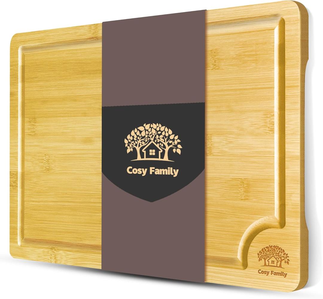 Cosy Family Wood Cutting Boards for Kitchen - XXL - Bamboo Cutting Boards with Juice Groove, Serving Board Set, Thick Chopping Board for Meat, Veggies, Easy to clean (Natural)