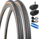 YUNSCM 2-PCS 27 inch Bike Tires 27x1 1/4 (32-630) Compatible with 27x1 1/4 27x1 1-4 Road Bike Bicycle Tires ((Brown)-2 Bike Tires+2 Tubes+2 Rim Strips)