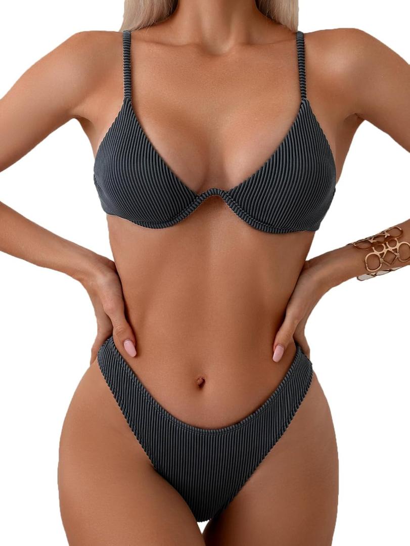 Fanuerg Women Underwire Triangle Bikini Spaghetti Strap Push Up Swimsuit Cheeky Two Piece Bathing Suit (Gray, L)