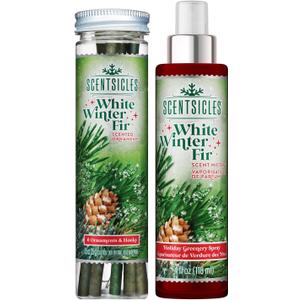 Scentsicles White Winter Fir Scented Christmas Tree Ornaments - 1 Bottle (6 Sticks Total) and 1 Bottle Scent Mister Spray (4 Oz) Multi Pack