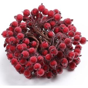 100 Wired Stems of Artificial Holly Berries Artificial Flower Decor 200 Pack 12 mm Mini Christmas Frosted Fruit Berry (Dark Red)