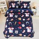 Kids Sports Comforter Set Twin Boys Bedding Set Navy Baseball Football Soccer Basketball Bed Sets Reversible 5 Pieces Bed in A Bag with Sheets(Navy Balls, Twin)