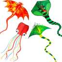 4 Pack Kites - Large Fire Dragon Kite Green Snake Devil Fish Red Mollusc Octopus with Long Colorful Tail for Kids Adults Outdoor Game Activities