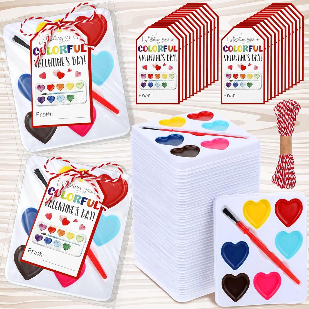 48 Pcs Valentines Day Watercolor Gift Paint 6 Heart Shape Washable Water Color Gifts Paint with Card and Red Rope for Valentine Party Favor Classroom Exchange Gift Prizes Graduation Present
