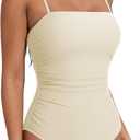 SUUKSESS Women Sexy One Piece Swimsuit Tummy Control Square Neck Bathing Suit (Large, Beige White)