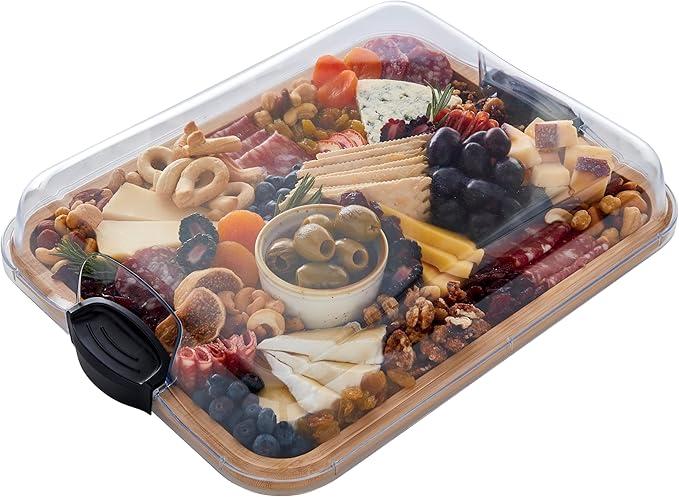 Build-a-Board Cutting Board with Five Compartments and Clear Locking Lid for Charcuterie, Snacks, Bamboo