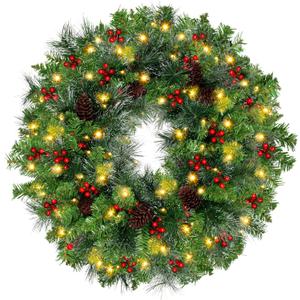 24 Inch Artificial Christmas Wreath with Red Berries,Pinecone,Pine Needles, 50 LED Lights with Timer,Battery Operated, Xmas Door Wreath for Indoor Outdoor Windows Wall Holiday Decor