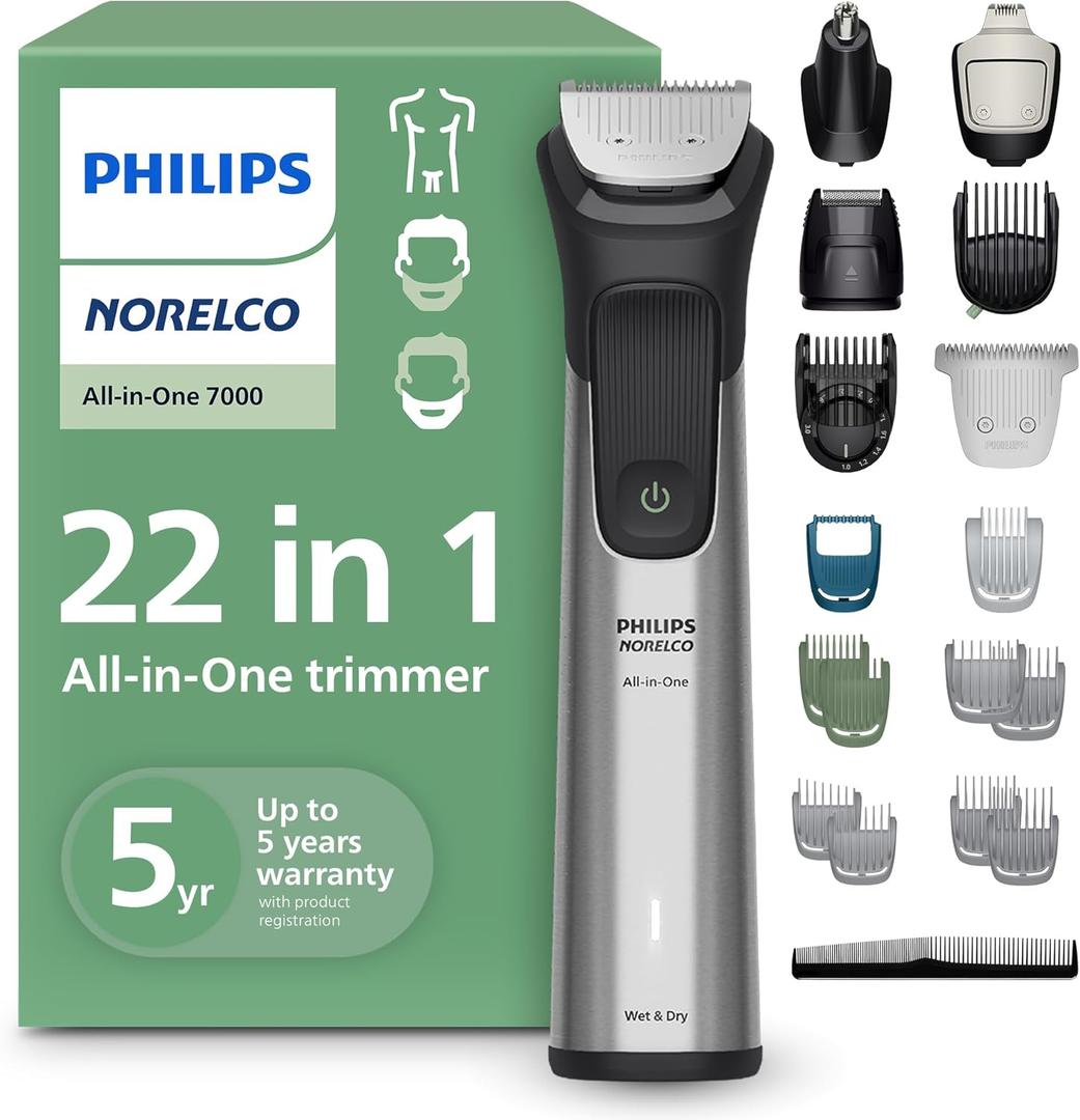 Norelco Philips All-in-One 7000 Series 22-Piece Trimmer - Electric Shaver and Clipper for Face, Beard, Head & Body, Self-Sharpening Full Metal Blades, 28 Length Settings (0.5-16 mm), MG7975/49 (Steel)