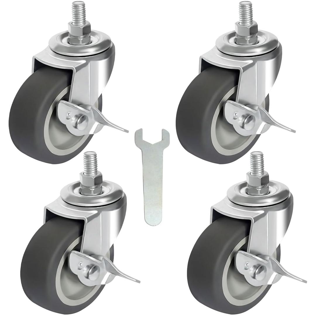 3 Inch TPR Stem Casters, Imperial 5/16"-18 x 1 Threaded Stem Castors, Locking Swivel Replacement for Furniture, Workbench Set of 4