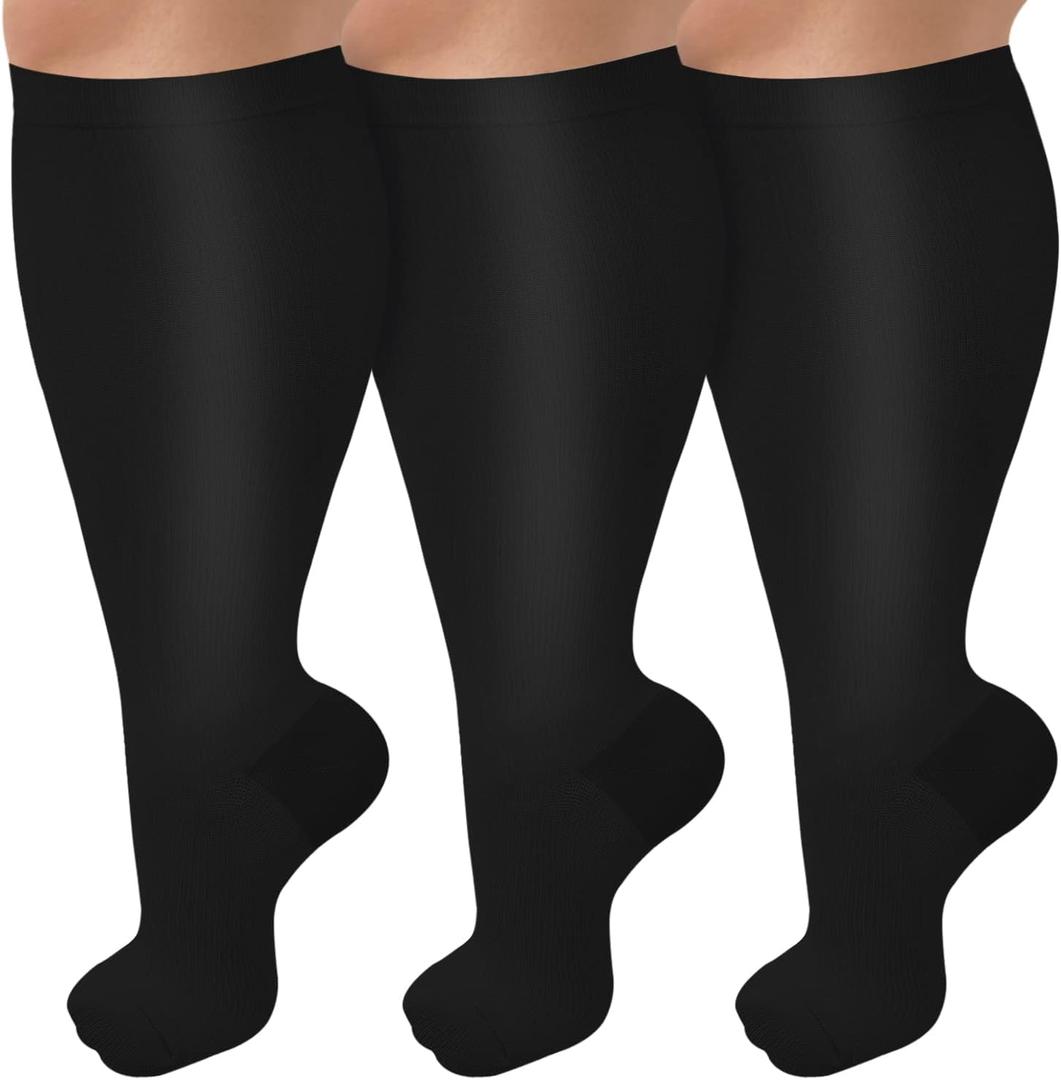 3 Pack Plus Size Compression Socks for Women & Men, Extra Wide Calf Knee High Stockings for Circulation Support, 3XL