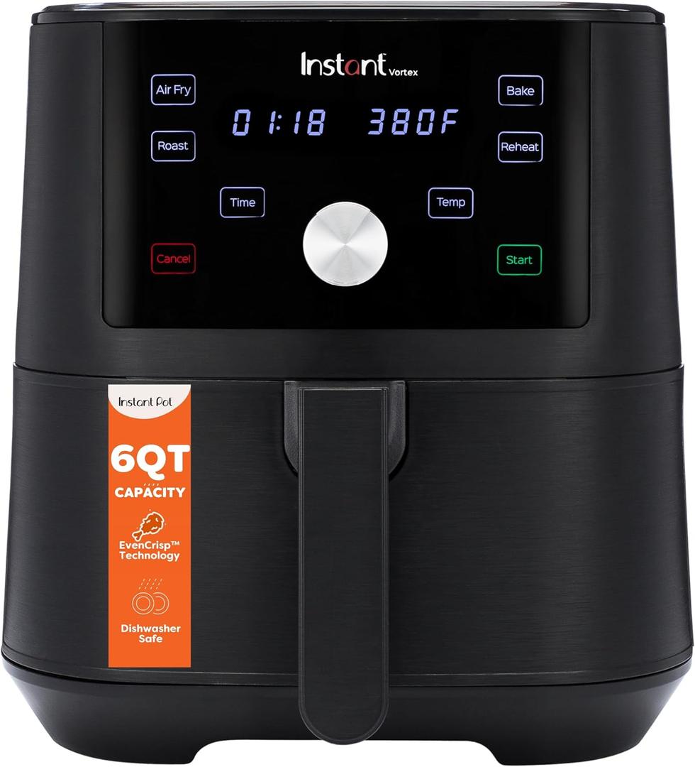 Instant Pot Vortex 6QT XL Air Fryer, 4-in-1 Functions that Crisps, Roasts, Reheats, Bakes for Quick Easy Meals, 100+ In-App Recipes, is Dishwasher-Safe, from the Makers of Instant Pot, Black, 6 Quarts