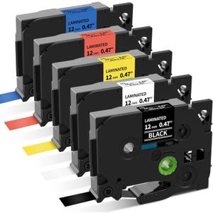 P Touch Label Maker Tape 12mm 0.47 Inch Laminated White/Black/Red/Blue/Yellow Replacement for Brother TZe Label Tape, for Ptouch Model PT-D200 D210 H100 1880, Colored Tape, 5-Pack