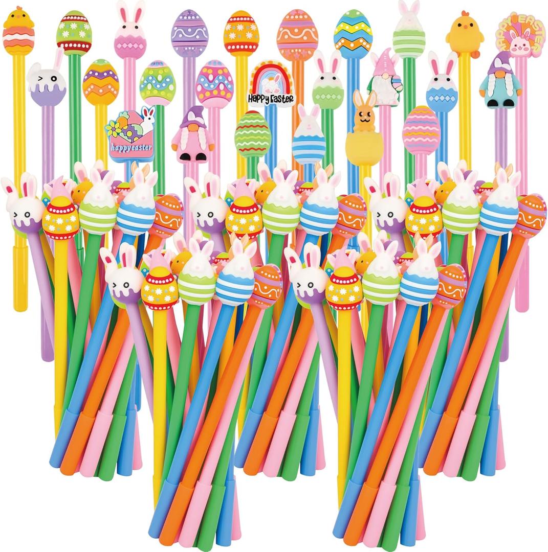 LiYiQ 100 Pcs Easter Cartoon Cute Fun Pens Kawaii Easter Eggs Rabbit Chicken Rainbows Gnome Shape Gel Black Ink Pen, Cute Pens for Office Home Present