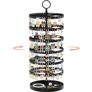 iDavosic.ly 6 Tier Rotating Earring Holder Organizer with Metal Tray, Adjustable Plastic Dangle Display Stands Tree with 342 Grooves, Large Hoop Storage Rack Tower, Black