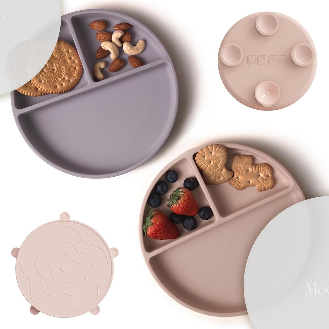 Moonkie Suction Plates for Baby | 100% Silicone BPA-Free Baby Plates with Lids and Food Cover | Divided Design | Microwave and Dishwasher Safe | Toddler Plates 2 Pack (2Pcs-Blush/Pale Mauve)