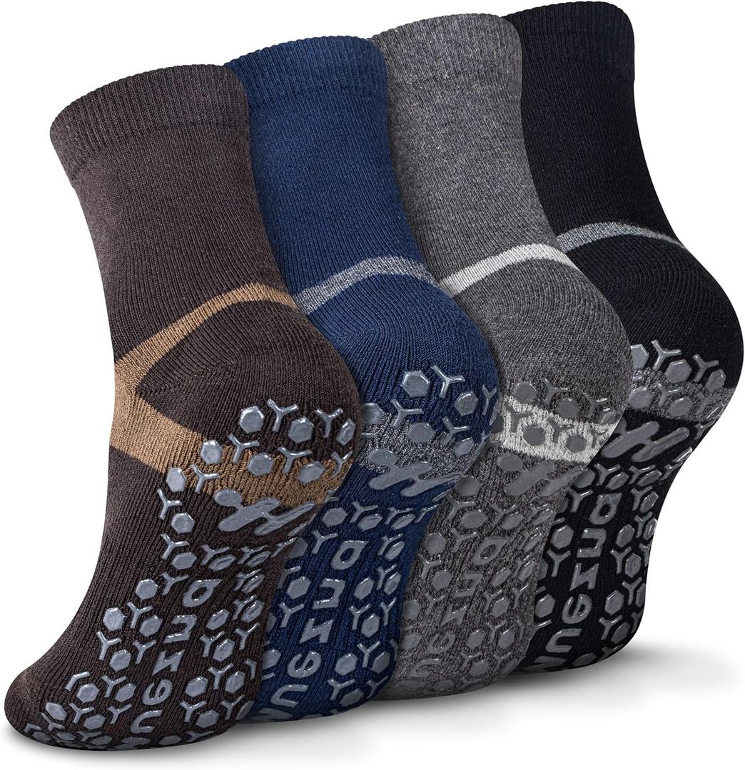 Muezna Men's Non-Slip Yoga Socks, Anti-Skid Pilates, Barre, Bikram Fitness Hospital Slipper Socks with Grips (12-14, Ankle Style Black+coffee+navy+grey - 4 Pairs)