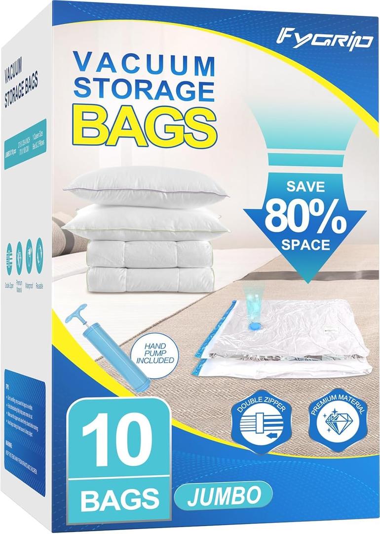 Fygrip Vacuum Storage Bags with Hand Pump, Plastic Packaging Bags, 80% Space Saver Vacuum Seal Bags for Clothing, Travel Lugggage, Blankets, Comforters, 10 Jumbo