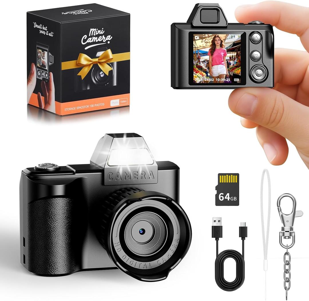 Mini Keychain Digital Camera -Maxmango 1080P HD Video & 64GB Card Small Tiny Retro Camera, 1.3'' HD Screen Camera for Travel Study Recording,Ideal Gift