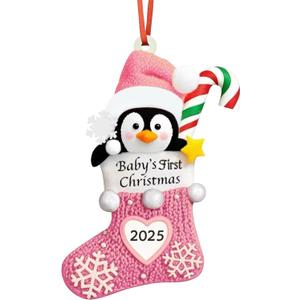 Baby's First Christmas Ornament 2025,Babys First Christmas Stocking Ornaments for Boy and Girls Personalized Babies Gifts My 1st Xmas Ornaments 2025 Window Tree Crib Fireplace Xmas Tree Decorations(5) (Pink-penguin Resin)