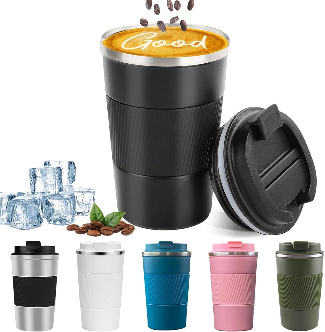 YINBAOGE Insulated Travel Coffee Mug, Spill & Leak Proof, Portable To Go Camping Stainless Steel Coffee Tumbler, Reusable Thermal Coffee Cup with Lid for Hot & Cold Drinks (Black, 12 OZ)