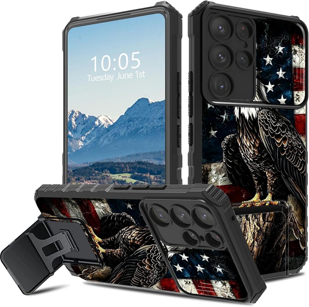 for Samsung Galaxy S25 Ultra Case with Stand & Camera Cover for Galaxy S25 Ultra Case Hybrid Dual Layer Heavy Duty Shockproof Protective Case for Samsung S25 Ultra 6.8",Bald Eagle With American Flag