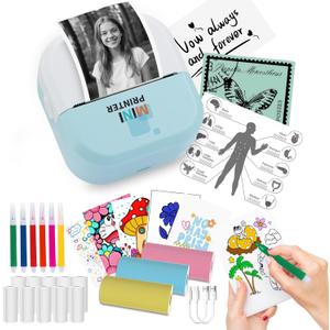 Sticker Printer - Bluetooth Inkless Thermal Printer & Sticker Maker, Wireless Portable Print Pod for iPhone/Android, DIY Labels, Notes, Kids Crafts, Journals - Includes 13 Rolls Paper-Blue